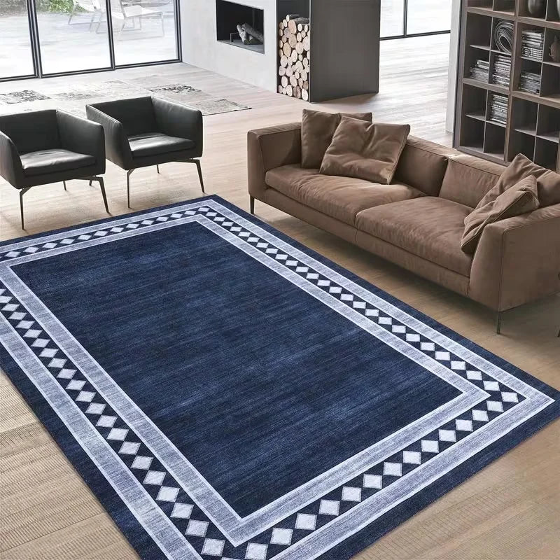 Navy Blue Area Rug Modern Geometric Border Print Carpet for Living Room Bedroom Non Slip Stain Resistant Foldable Accent Rug