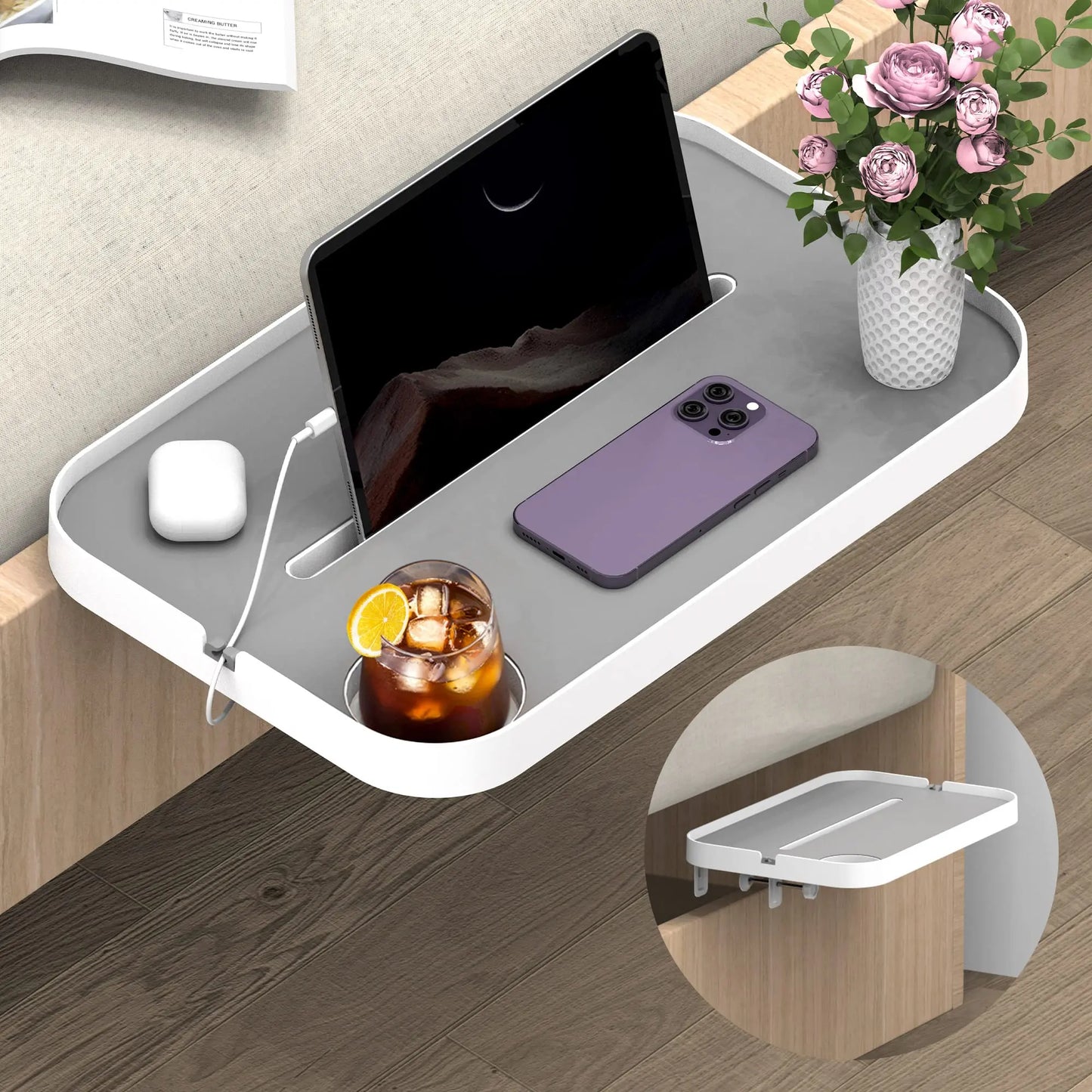 Bedside Shelf for Bed Bedside Storage Tray for Bedroom Accessories Detachable Organizer Bedside Tray Table Tablet / Phone Holdel
