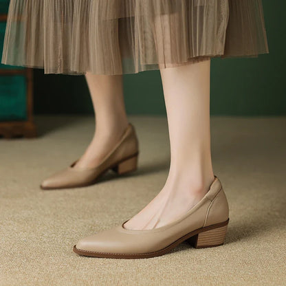 2026 New Spring Women Pumps Shallow Genuine Leather Med Heels Pointed Toe Summer Women Shoes Lady Shoes Leather Shoes