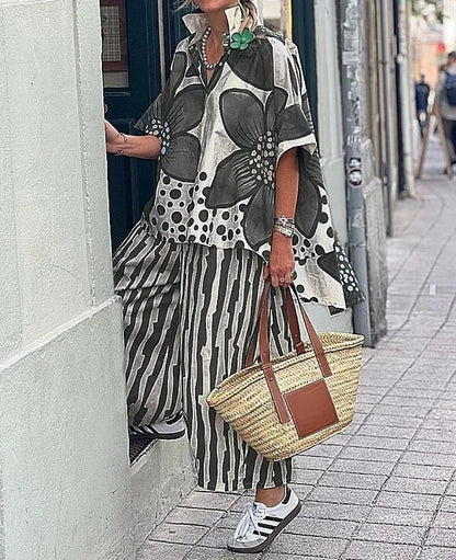 2 Piece Sets Women Summer Print Loungewear Long Pants Sets 2025 Vintage Short Sleeve Shirt Loose Pants Suits Matching Set Outfit