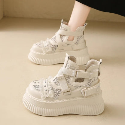 Lace Thick Bottom Sneaker Pumps Belt Buckle Elegant Fashion Comfortable Sexy Genuine Leather Women Shoes Round Toe New Hot Girls