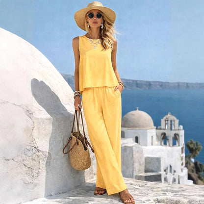  Women Vacation 2 Piece Outfit Sleeveless Tank Loose Top Pockets Wide Leg Pants Cotton Linen Blend Casual Summer Beach Wear