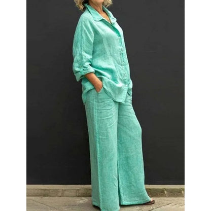 Solid Color Linen Two Piece Sets Women Outfits Spring Autumn Simple Long Sleeve Shirt Loose Trousets Set Office Casual Suit
