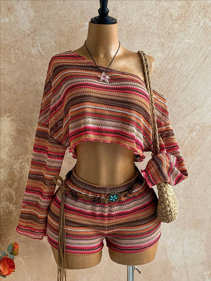 Boho Asymmetrical Off Shoulder Striped Knit Two Piece Set Women Long Sleeve Crop Top High Waist Shorts For Summer Vacation
