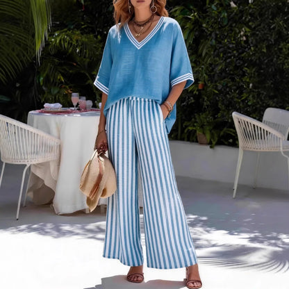 Two Pieces Women Pant Sets Striped Matching Set Short Sleeves V Neck Top Elastic Waist Wide Leg Pants Loose Casual 2026 Summer
