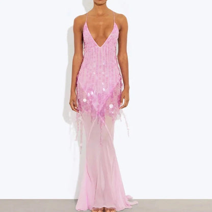 Sexy Hollow Sleeveless High Waist Evening Dress 2025 Casual Off Shoulder Suspender Dresses Lady Deep V Sequin Slim Mermaid Dress