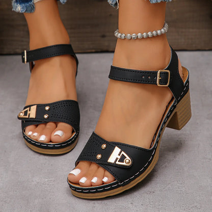 New Women's Chunky Heel Sandals Adjustable Buckle Strap Plus Size Shoes Solid Color Fashion Sandals Women Summer Comfort
