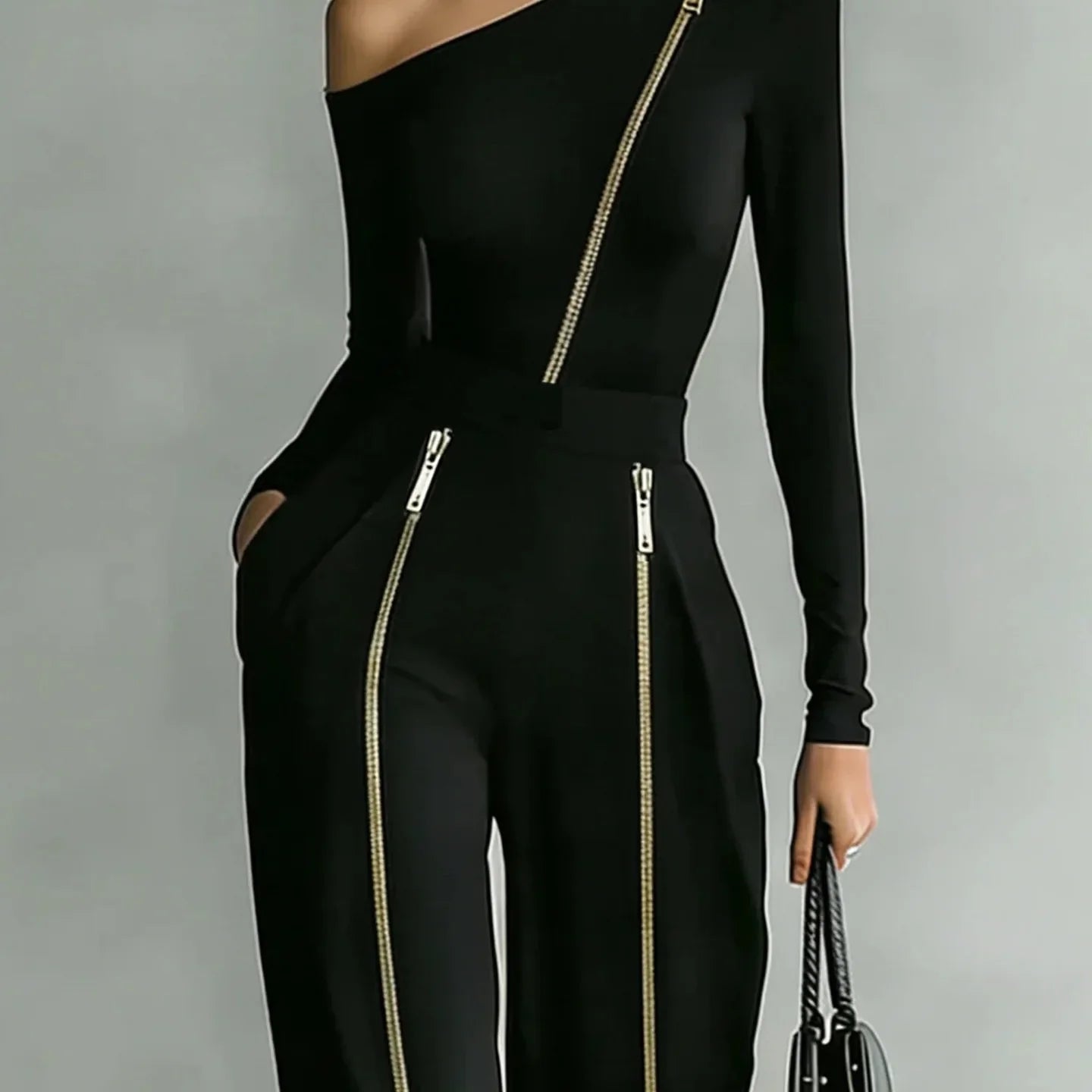 Women's Two-piece Slim-fit Long-sleeved Double-zipper Wide-leg Pant 2026 Spring Elegant Fashion Stand-up Collar Solid Color Suit