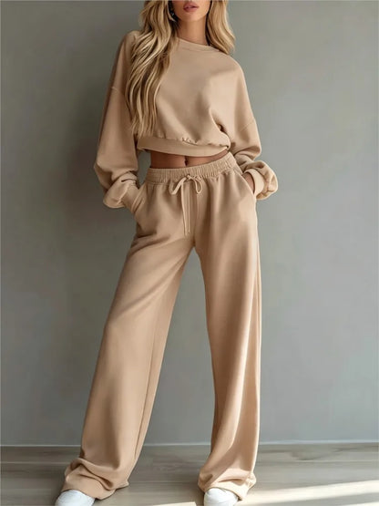 Autumn New Casual O Neck Long-sleeved Ultra-short Sweatshirt Trousers 2piece Set Women Fashion Casual Female Sports Trousers Set