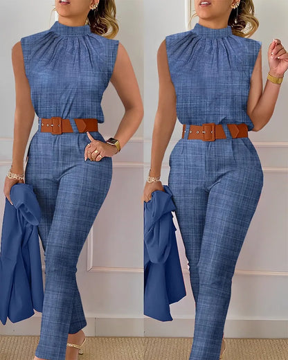 New Fashion Elegant Sleeveless Print High Waist With Belt Shirt And Pant Casual Fashion Two Piece Set