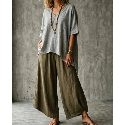 Summer New Loose Retro Short-sleeved T-shirt Trousers 2-piece Set Women's Fashion Irregular Top + Wide-leg Trousers Set Female