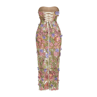 New Sexy Strapless Back Lace Up Dress for Women, Slim Fit and Simple Floral Embroidery Fabric Party Dress Long