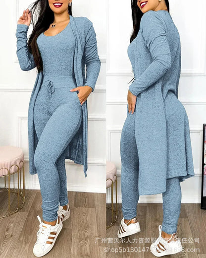 2026 Jumpsuit & Coat Set Autumn Women Drawstring Pocket Pants Sets One Piece Y2k Long Jumpsuit High Waist Coats Two Piece Sets