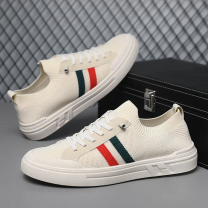 Fashionable Striped Sports Shoes with Breathable and Soft Soles, Summer Breathable Mesh Fabric, White Casual Shoes, Flat Bottom