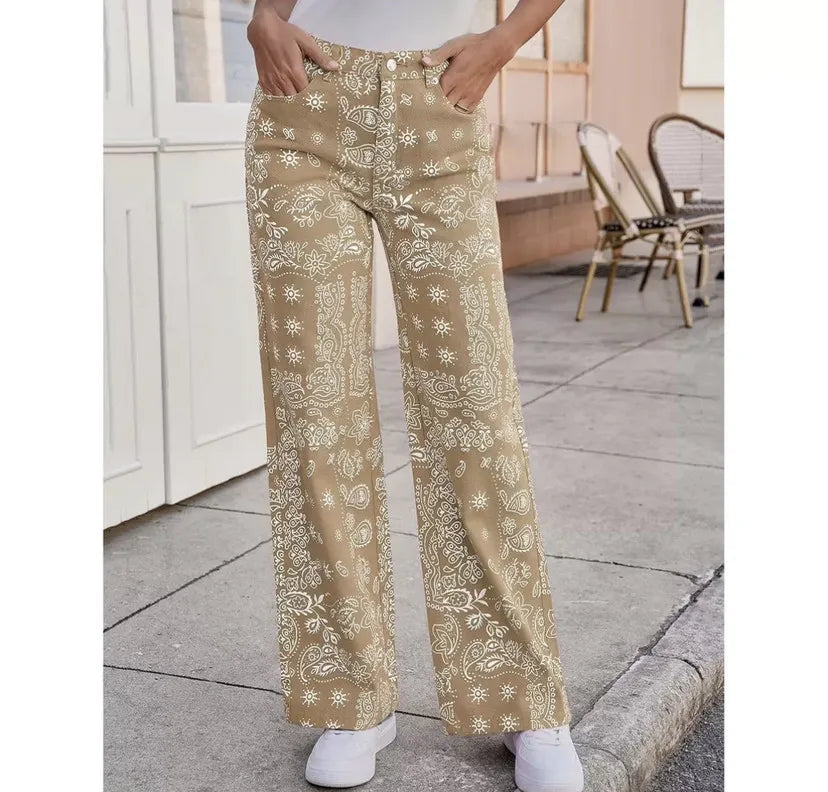 New Spring and Autumn Women's Loose Denim Flower Print Denim Pants Wide-leg Pants