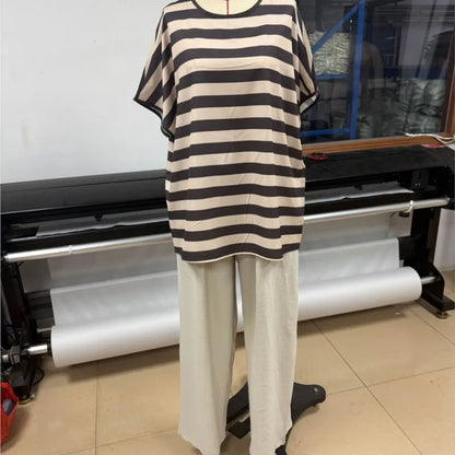 Fashion Striped Print Loose Two Piece Sets Women Casual Short Sleeve Top High Waist Wide Leg Pants Suit Summer Vacation Outfit