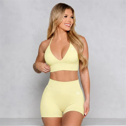 Bum 2PCS Seamless Yoga Set Women Blossom Bra + V-Back Shorts Gym Workout Suits Wear Women Sports Scrunch Butt Set Sportswear