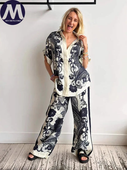 Women's Summer Versatile 2-Piece Set Printed Short Sleeve Shirt Top with Loose Wide Leg Pants Casual Fashion Outfit