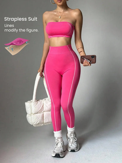 Women Strapless Bandeau Sports Bra Seamless High Waist Yoga Leggings Set Padded Workout Fitness Gym 2 Piece Outfits