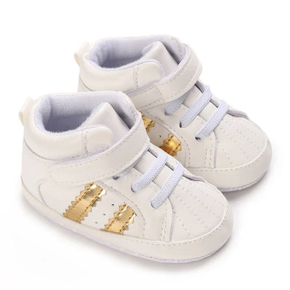 Baby Learning Walk Shoes, Striped PU Sports Shoes for Infants 0-18M, Soft Sole Lightweight Casual Footwear
