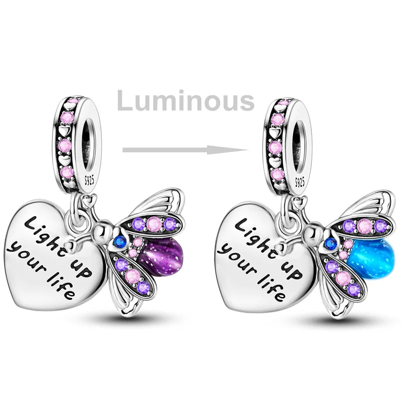 2026 Hot Sale Charms Bead 925 Sterling Silver Pink Butterfly Luminous Firefly Dangle Fit Bangle Bracelet Necklace DIY Jewelry