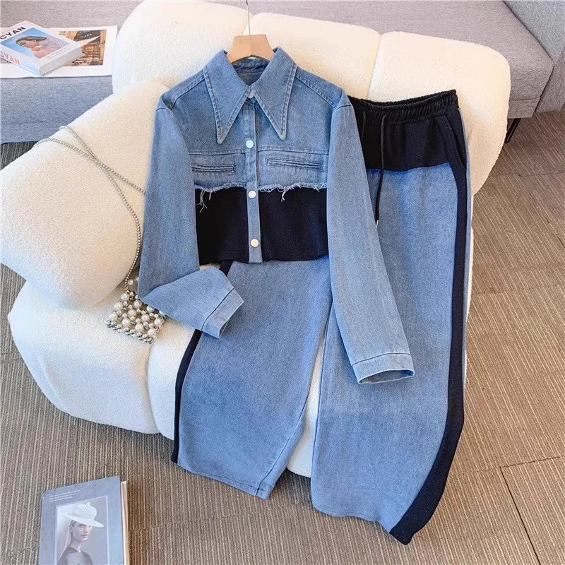 Blue Patchwork Pants Sets Women Fashion Long Sleeve Single-breasted Short Jacket Straight Trousers Two Piece Set Female New