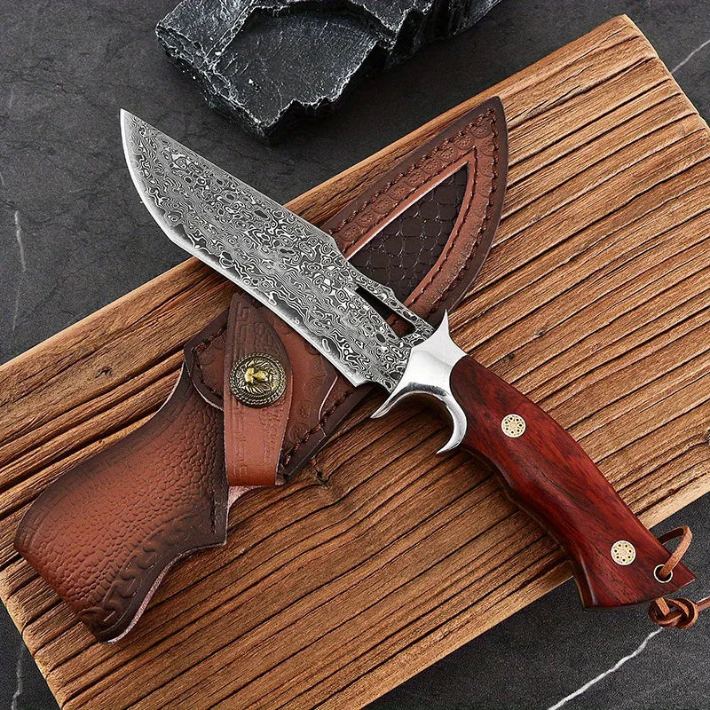 A Large Damascus Handmade Forged Knife - Fixed Blade, Wooden Handle and Leather Sheath, Convenient to Carry, Quick Cutting
