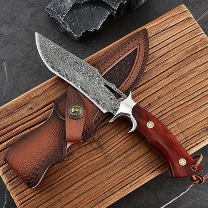 A Large Damascus Handmade Forged Knife - Fixed Blade, Wooden Handle and Leather Sheath, Convenient to Carry, Quick Cutting