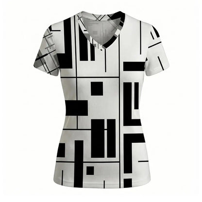 Women's Geometric Abstract Print V-Neck T Shirt Daily Casual Commuting Short Sleeve Tops Summer Street Vintage Slim Fit Tees
