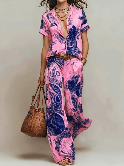 Women's Boho Paisley Print Two-Piece Set V-Neck Short Sleeve Blouse Top Wide Leg Pants Casual Loose Suit for Vacation