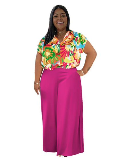 Woman 2 Piece Outfit Set Plus Size Summer Casual Suit Set Floral Print Shirt Pants Set Basic Lounge Wear