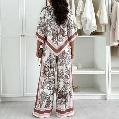 Vintage Printed Shirt High Waist Wide Leg Pants Suit Women Casual Two Piece Set Irregular 3/4 Length Shirt Trousers Holiday Sets