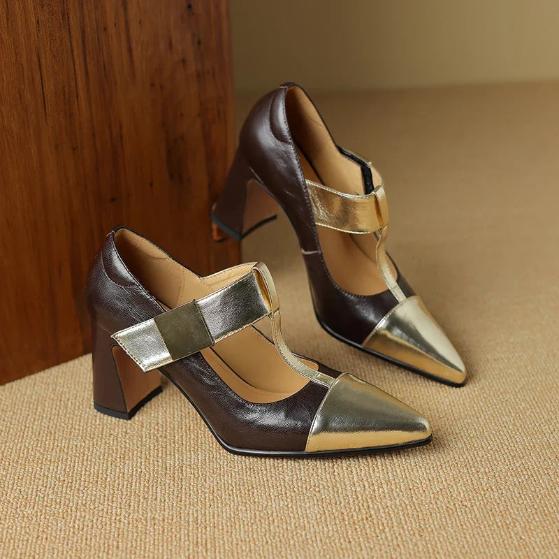 2025 Spring Mary Janes Women Shoes Pointed Toe Chunky Heel Pumps Genuine Leather Shoes for Women Elegant High Heels Buckle Heels