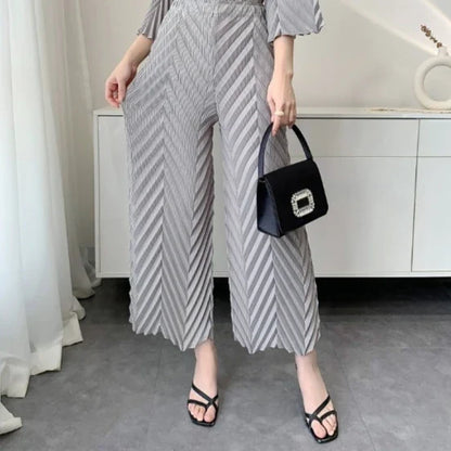 2026 Spring New Women Handmade Pleated Pants Set Comfortable Casual Seven Sleeve T-Shirt Top Loose Wide Leg Pants 2 Piece Set