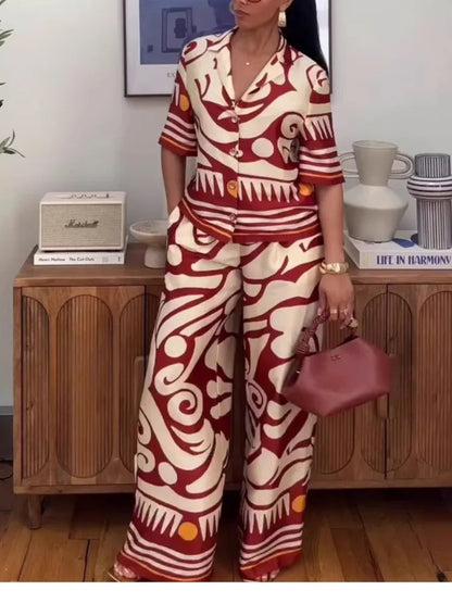 New Fashion Printed Two-piece Set Women's Short-sleeved Lapel Top High-waisted Wide-leg Pants Set Temperament Elegant Clothing