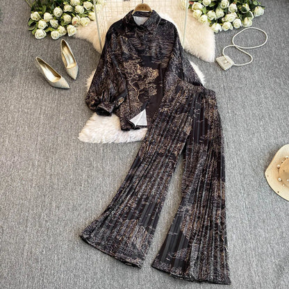 Elegant For Women's Fashion Sets Casual Long Sleeve Shirt Straight Pants Suit Female 2024 Loose Print Tops Two Pieces Outfits