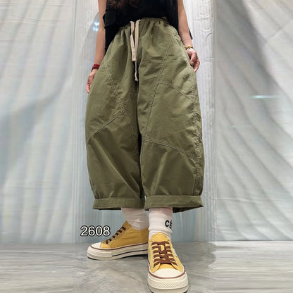 Patchwork Denim Washed Cotton Casual Pants Women Plus Size Loose Cropped Pants 2026 Spring Summer Denim Jeans JLJ522