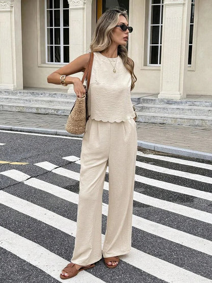 Ladies Spring Summer Elegant Casual Holiday Wear Solid Color Sleeveless Back Tied Top Straight Leg Pants Outfit