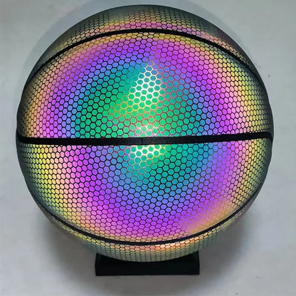 Luminous Basketball Ball Holographic Reflective Lighted Flash Ball PU Wear-Resistant Glowing Basketball Night Sports Game