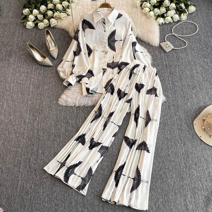 Elegant For Women's Fashion Sets Casual Long Sleeve Shirt Straight Pants Suit Female 2024 Loose Print Tops Two Pieces Outfits