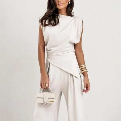 Summer Fashion Solid Two Piece Sets Women Elegant Slim Office Suit Casual Irregular Top And Wide Leg Pants 2 Piece Set Female