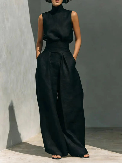 casual Solid Cotton Linen two-piece set for Women Sleeveless Turtleneck Top +High Waist Pants Set New Summer Button Loose Outfit