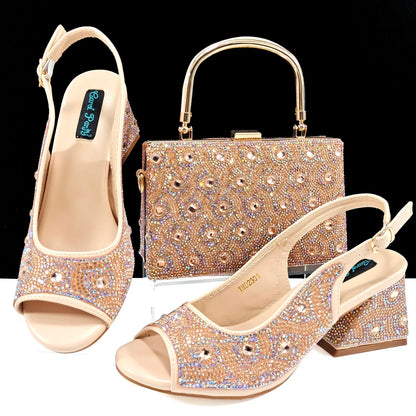 QSGFC 2024 Rhinestone Design INS Hot Sale New Arrivals African Shoes and Bag Set in Green Color Open Toe Comfortable Women Heels
