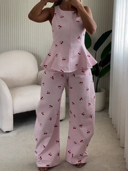 Denim Printed Sleeveless Pants  2-piece Set Women's Elegant Round Neck Fashion Short Shirt Long Pants Suit 2026 Street Outfit