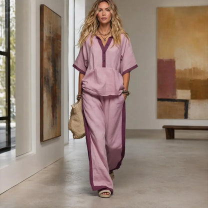 Women Cotton Linen Set, Summer V-Neck Loose Fit & Elastic Waist Palazzo Pants 2-Piece Outfit, Casual Top and Wide Leg Trousers