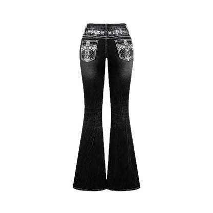 2026Trendy Y2K Style Flare Jeans for Women Dark Wash Skinny Fit with Rhinestone Embroidery Pocket Streetwear Casual Denim