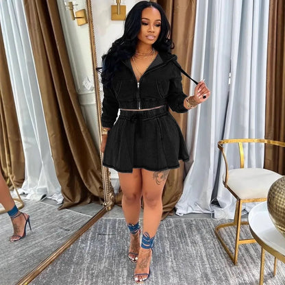 Autumn Women's Clothing Matching Sets Long Sleeve Denim Jacket Short Skirt Polyester Washed Jean 3D Effect Regular Sleeve