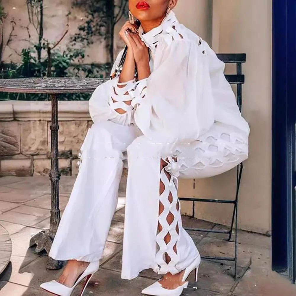 Plus Size Women's Elegant Two-Piece Set Ruffle Shirt White Long Sleeve Solid Blouse And Straight Side Hollow Out Long Pant Sets