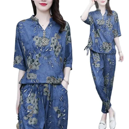 2026 New Korean Sets Women Summer Loose Short Sleeves Printing Tops+ Elastic Waist Pants 2PCS Female Retro Casual Suit Lady 5XL