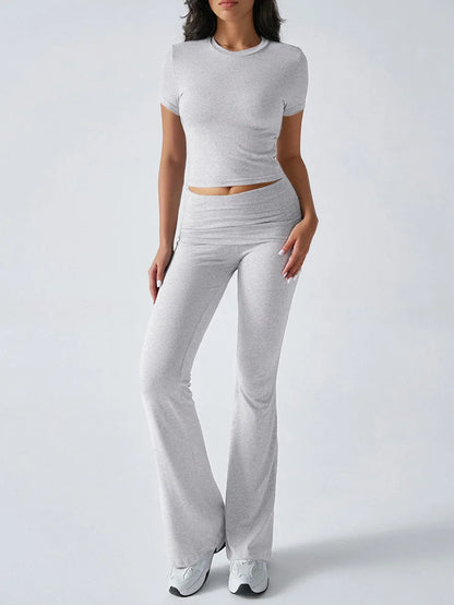 Women Casual Bodycon Two Pieces Set Short Sleeve Crop Top Slim High Waist Running Tracksuit Suit Summer Pants Outfit 2PCS